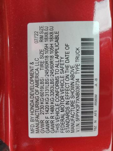 2022 HONDA RIDGELINE - 5FPYK3F7XNB036734