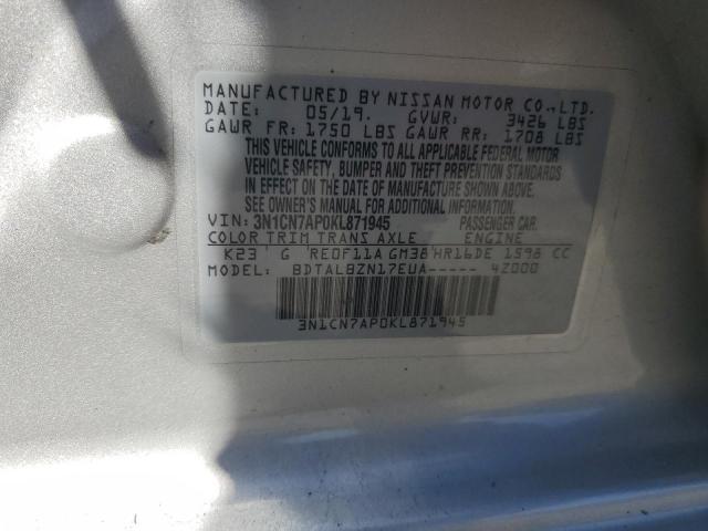 VIN 3N1CN7AP0KL871945 2019 Nissan Versa, S no.12