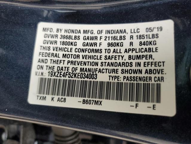 VIN 19XZE4F52KE034003 2019 Honda Insight, EX no.12