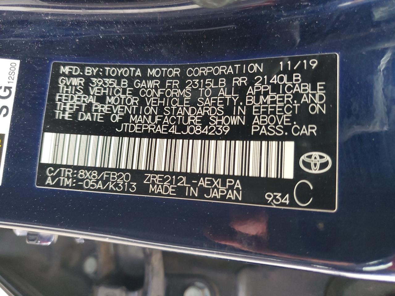 Lot #2969884881 2020 TOYOTA COROLLA LE