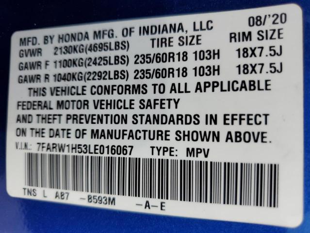 VIN 7FARW1H53LE016067 2020 Honda CR-V, EX no.14