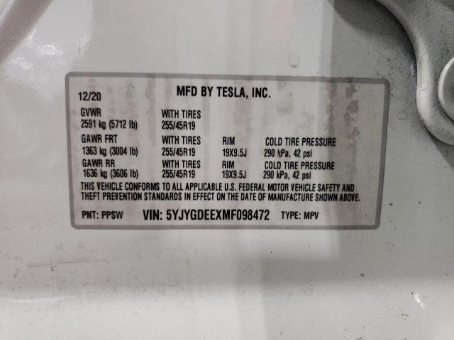 VIN 5YJYGDEEXMF098472 2021 TESLA MODEL Y no.12