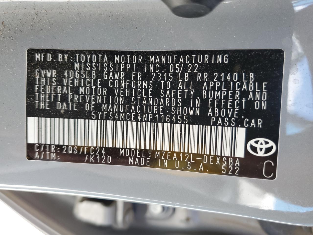 Lot #2895577497 2022 TOYOTA COROLLA SE