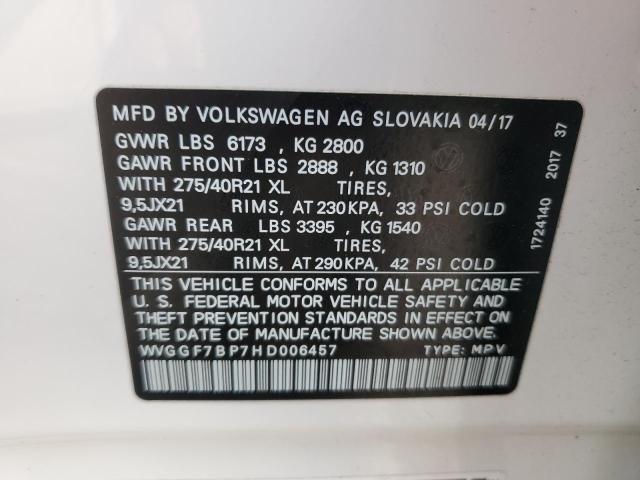 2017 VOLKSWAGEN TOUAREG EX WVGGF7BP7HD006457