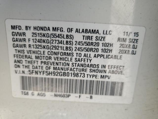 VIN 5FNYF5H92GB019873 2016 Honda Pilot, Touring no.13