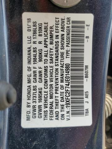 VIN 19XFC2F74JE014980 2018 Honda Civic, EX no.12