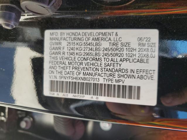 2022 HONDA PILOT TOUR - 5FNYF5H6XNB027013