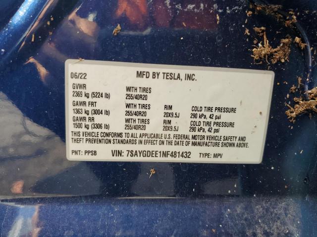 VIN 7SAYGDEE1NF481432 2022 Tesla MODEL Y no.14