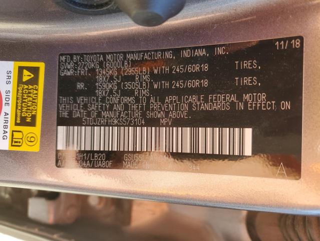 2019 TOYOTA HIGHLANDER - 5TDJZRFH9KS573104
