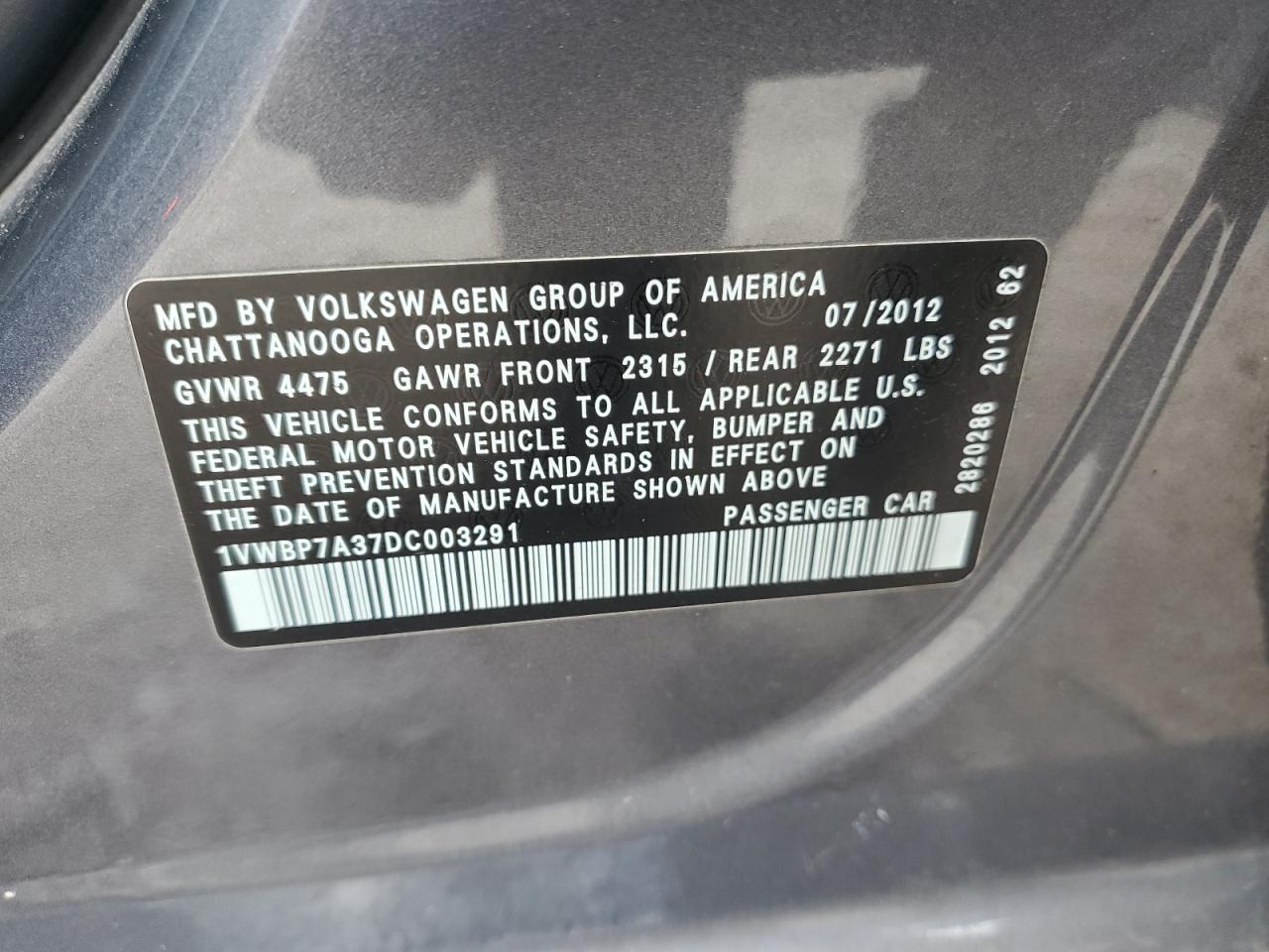 Lot #2843319688 2013 VOLKSWAGEN PASSAT SE