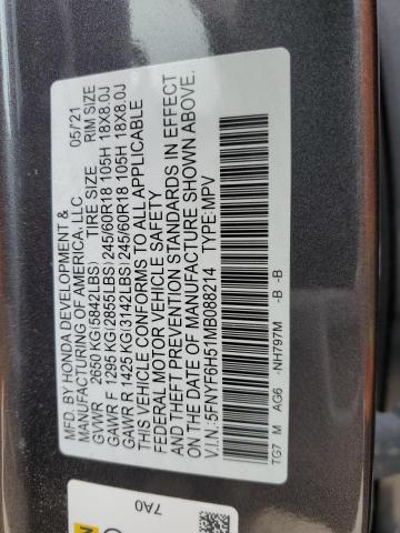 2021 HONDA PILOT EXL 5FNYF6H51MB088214  71724104