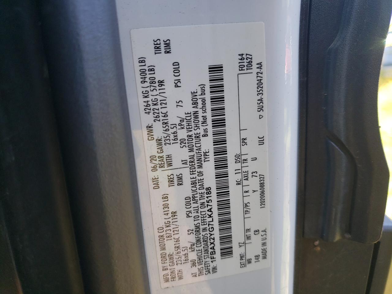 Lot #2853519791 2020 FORD TRANSIT T-