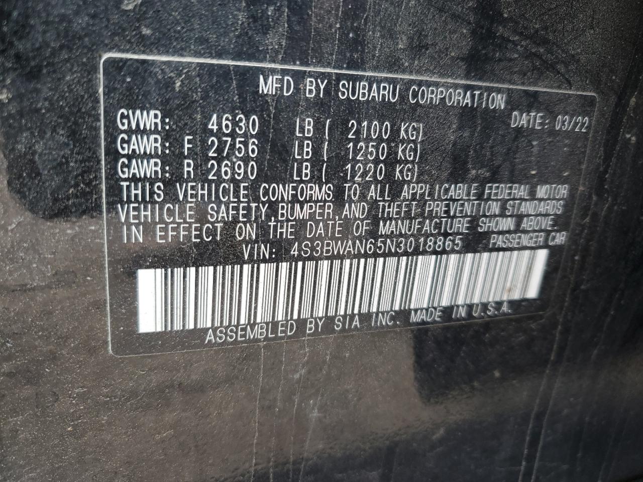 Lot #2940065491 2022 SUBARU LEGACY LIM