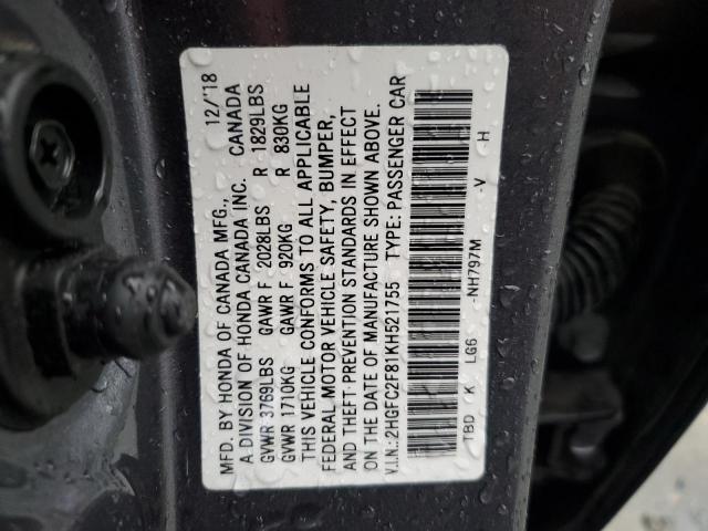 VIN 2HGFC2F81KH521755 2019 Honda Civic, Sport no.12