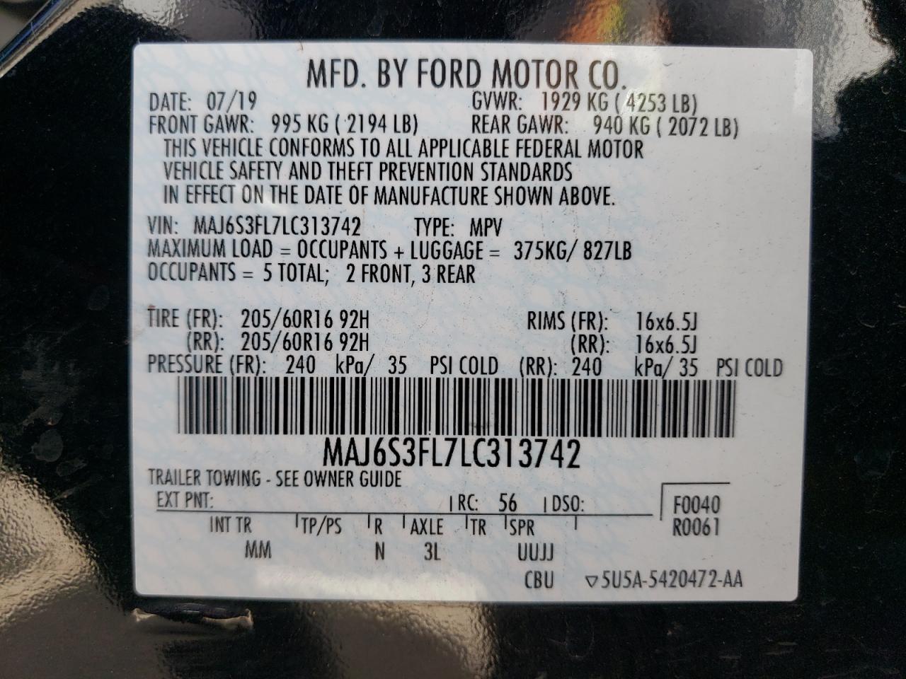 Lot #2936202183 2020 FORD ECOSPORT S