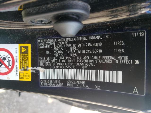 VIN 5TDKZRFH5KS575016 2019 Toyota Highlander, SE no.13