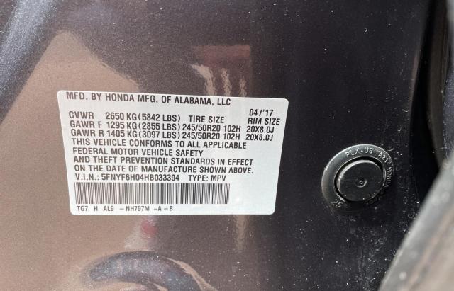 2017 HONDA PILOT ELIT - 5FNYF6H04HB033394