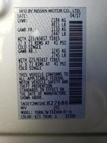 2017 NISSAN ROGUE SV H 5N1ET2MV1HC827686