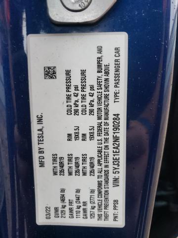 2022 TESLA MODEL 3 - 5YJ3E1EA2NF190284
