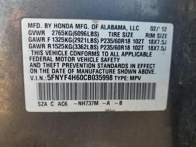 2012 HONDA PILOT EXL 5FNYF4H60CB035998  70164724