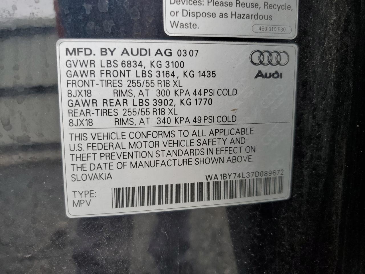 Lot #2888577229 2007 AUDI Q7 3.6 QUA