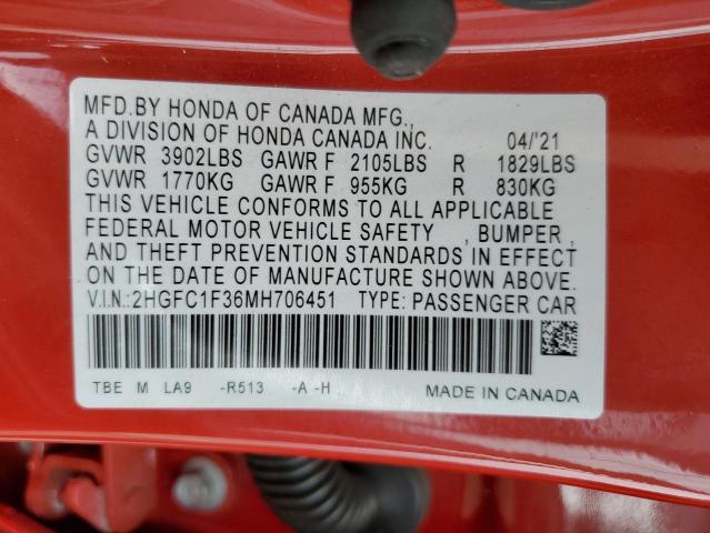 VIN 2HGFC1F36MH706451 2021 Honda Civic, EX no.12