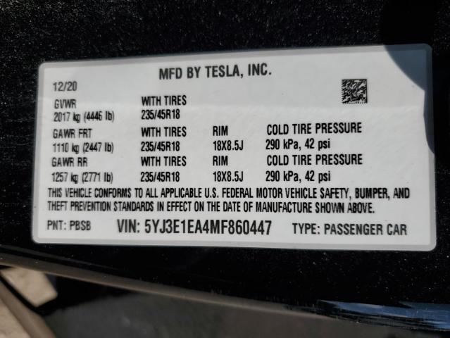2021 TESLA MODEL 3 - 5YJ3E1EA4MF860447