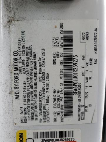 VIN 3FA6P0LU0JR259275 2018 Ford Fusion, Se Hybrid no.12