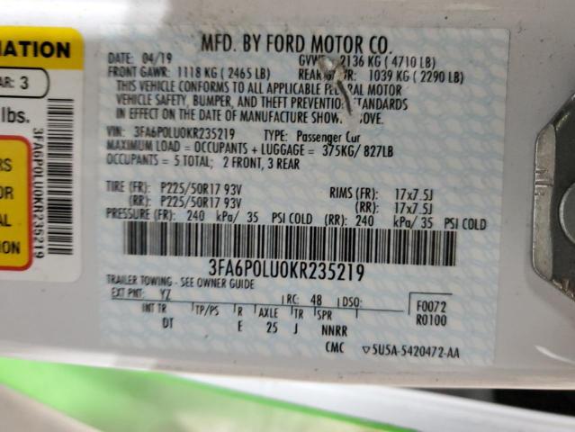 VIN 3FA6P0LU0KR235219 2019 Ford Fusion, SE no.12