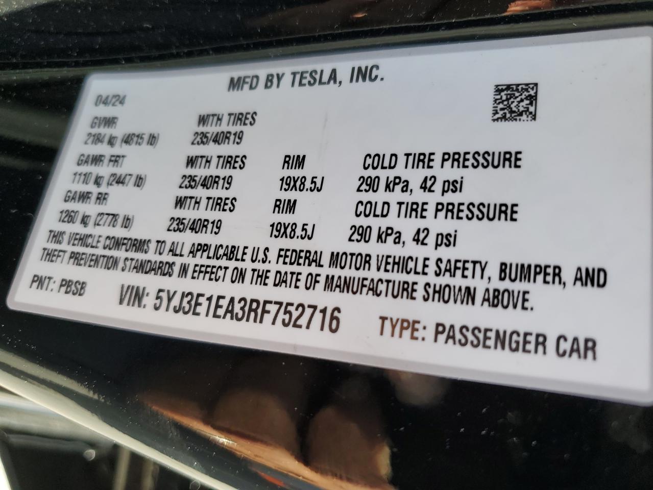 Lot #2972634093 2024 TESLA MODEL 3