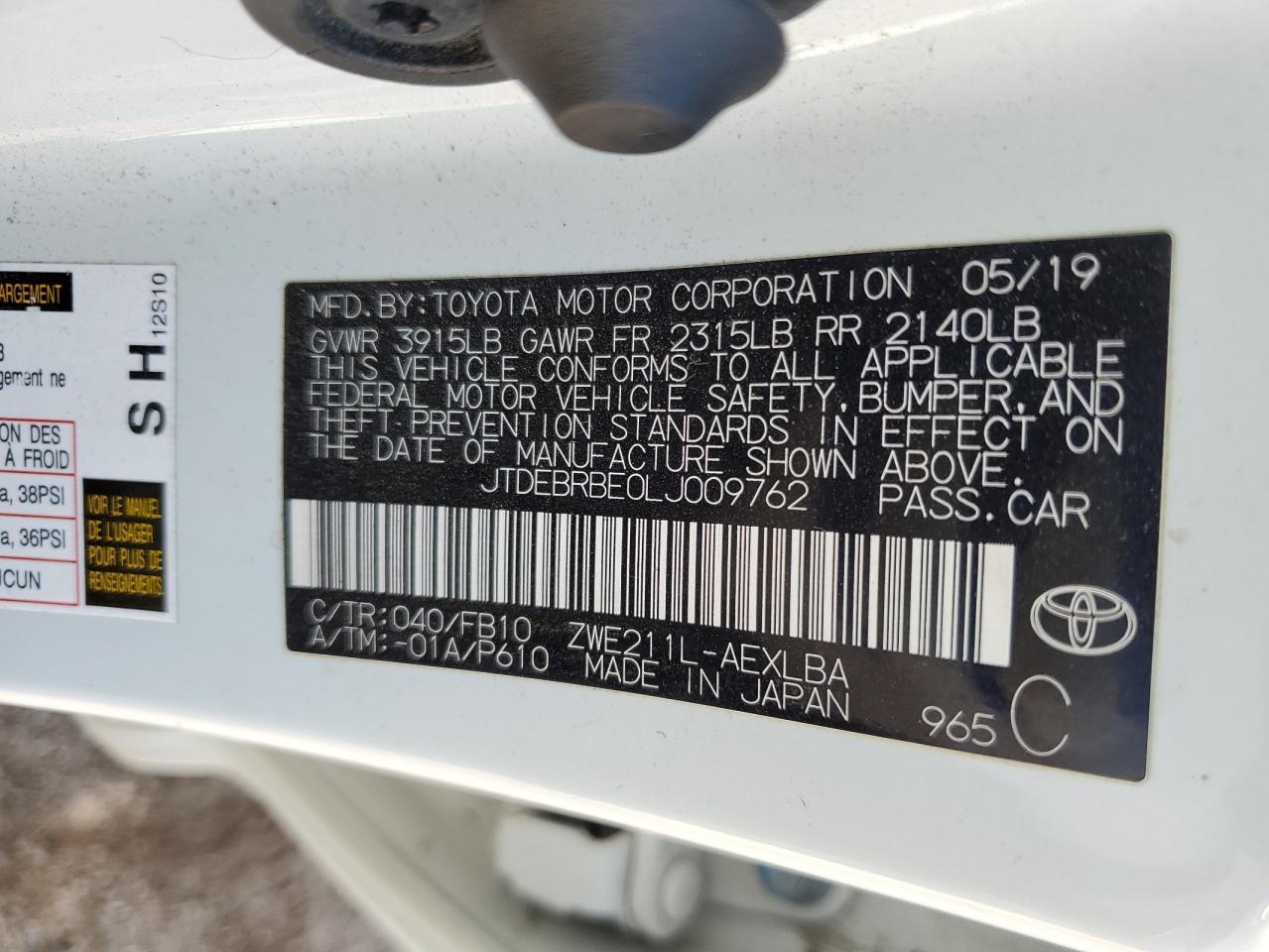 Lot #2952906751 2020 TOYOTA COROLLA LE