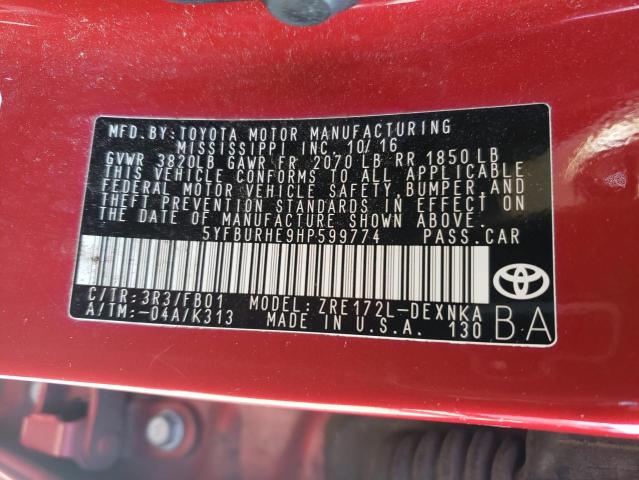 2017 TOYOTA COROLLA L - 5YFBURHE9HP599774