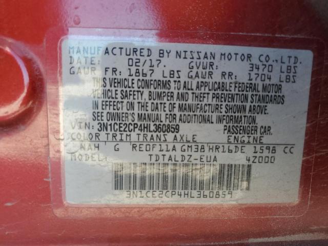 VIN 3N1CE2CP4HL360859 2017 Nissan Versa, S no.12