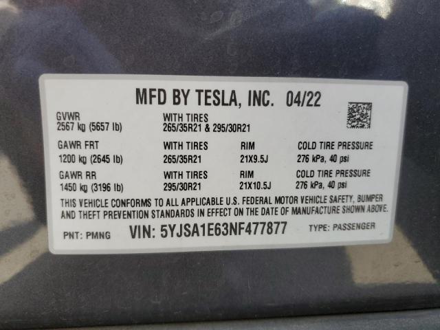 VIN 5YJSA1E63NF477877 2022 TESLA MODEL S no.12