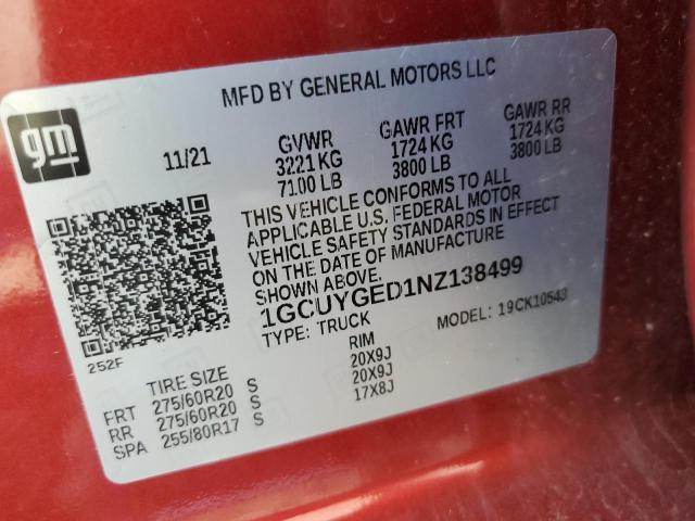 2022 CHEVROLET SLVRD 1500 1GCUYGED1NZ138499