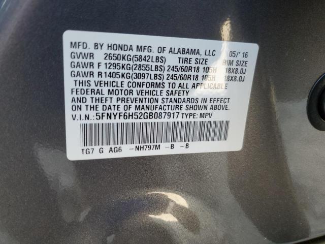 2016 HONDA PILOT EXL - 5FNYF6H52GB087917