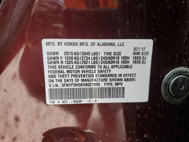 2017 HONDA PILOT EXL - 5FNYF5H5XHB027895