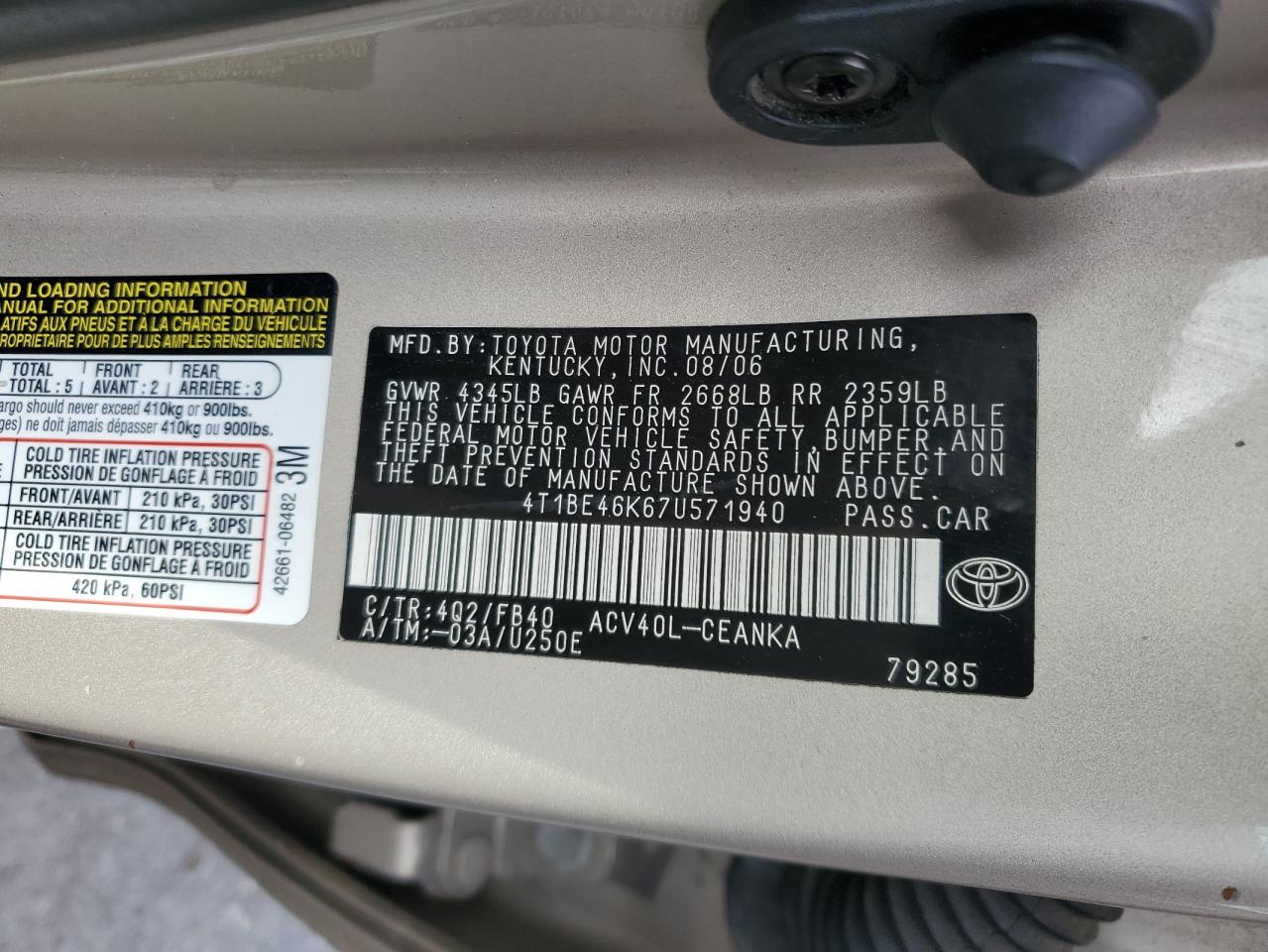 Lot #2962268038 2007 TOYOTA CAMRY CE