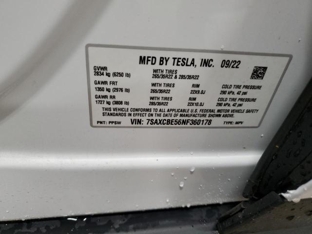 VIN 7SAXCBE56NF360178 2022 TESLA MODEL X no.12