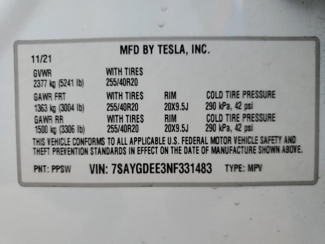 VIN 7SAYGDEE3NF331483 2022 Tesla MODEL Y no.14