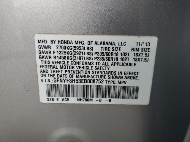 VIN 5FNYF3H53EB008752 2014 Honda Pilot, Exl no.12