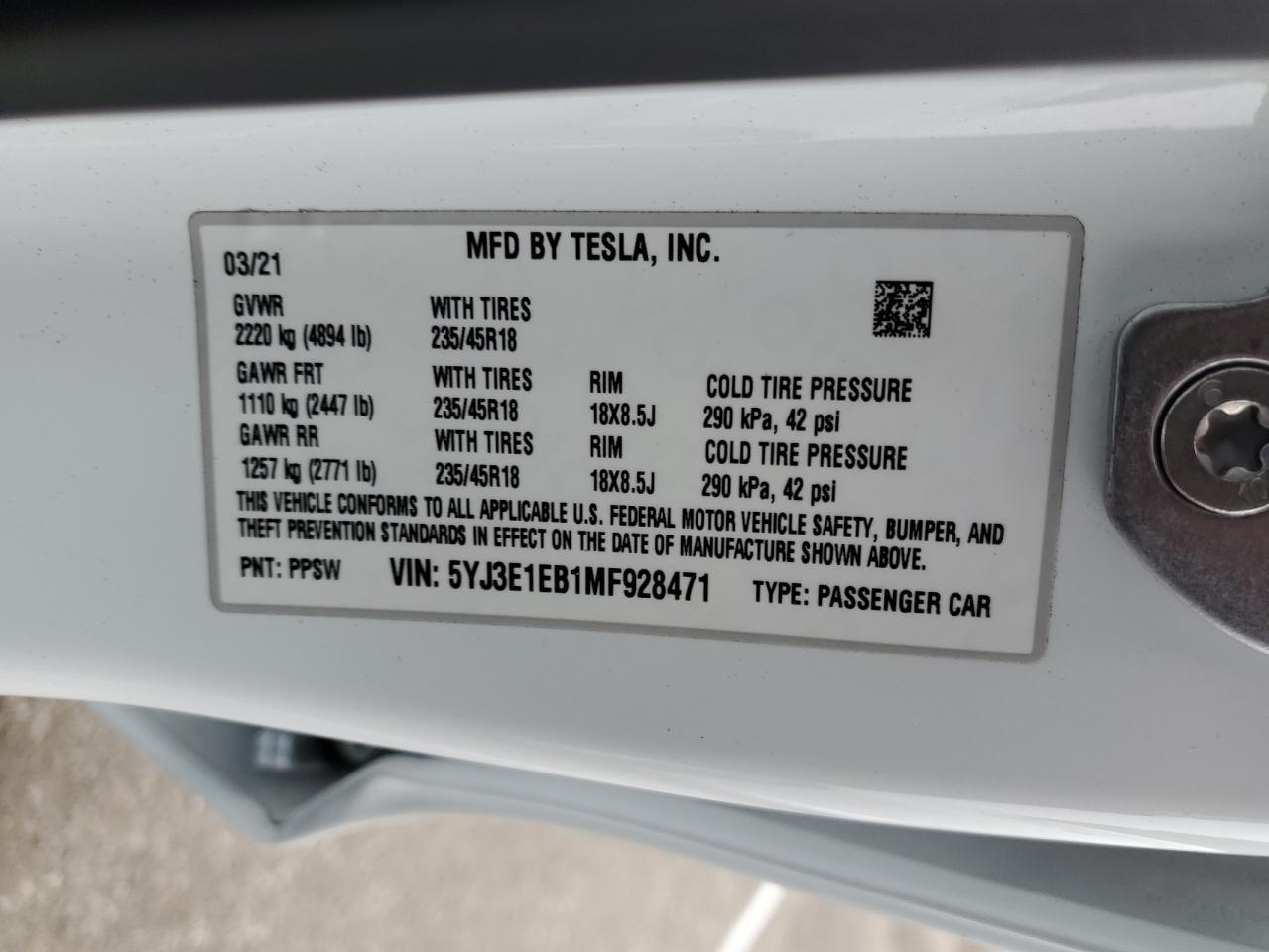 Lot #2986777149 2021 TESLA MODEL 3