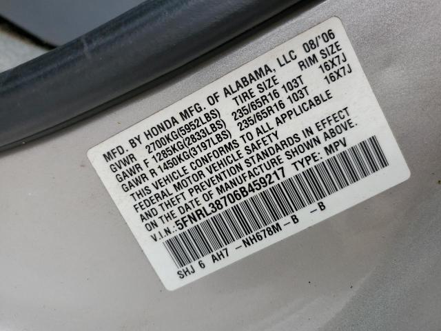 2006 HONDA ODYSSEY EX 5FNRL38706B459217  71527354