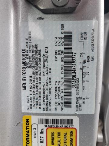 VIN 3FA6P0LU4KR192777 2019 Ford Fusion, SE no.12