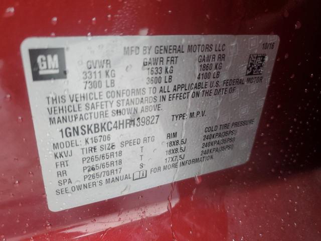 1GNSKBKC4HR139827 2017 CHEVROLET TAHOE