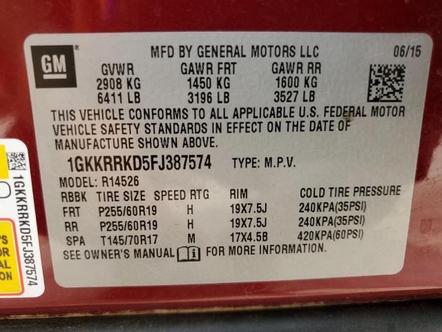 VIN 1GKKRRKD5FJ387574 2015 GMC Acadia, Slt-1 no.13