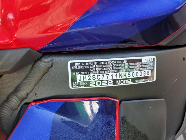 2022 HONDA CBR1000 RR JH2SC7711NK500386