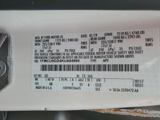 VIN 1FMCU9GD4KUA84989 2019 Ford Escape, SE no.14