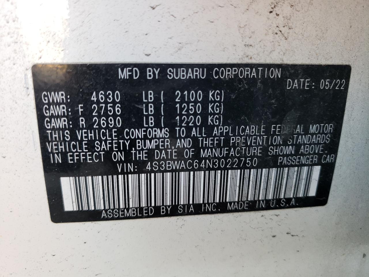 Lot #2926312397 2022 SUBARU LEGACY PRE