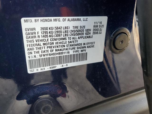 2017 HONDA PILOT ELIT - 5FNYF6H03HB001116